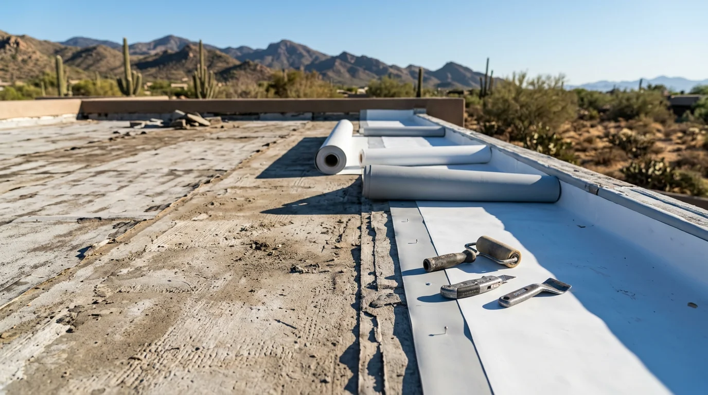 A completed flat roof replacement on a custom desert-contemporary home in Paradise Valley, Arizona, showing a clean, uniform membrane surface with proper edge detailing and drain access points. The surrounding Sonoran Desert landscape and mountain backdrop are visible in the distance.