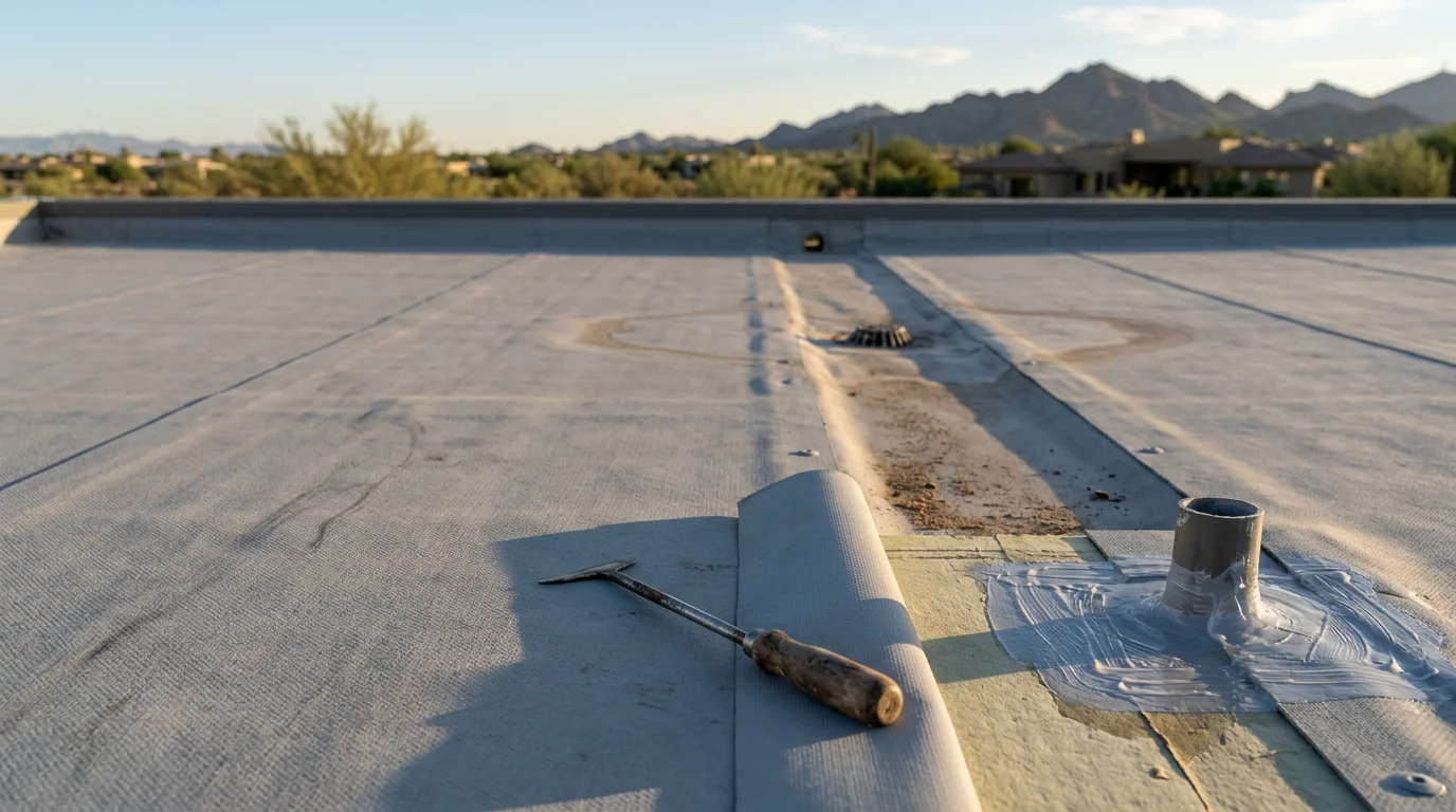 A flat roof on a residential property in Paradise Valley, Arizona, showing a clean membrane surface with clear drainage scuppers and desert landscaping visible in the background. Irish Roofing Company flat roof inspection and repair work completed under Arizona's clear sky.