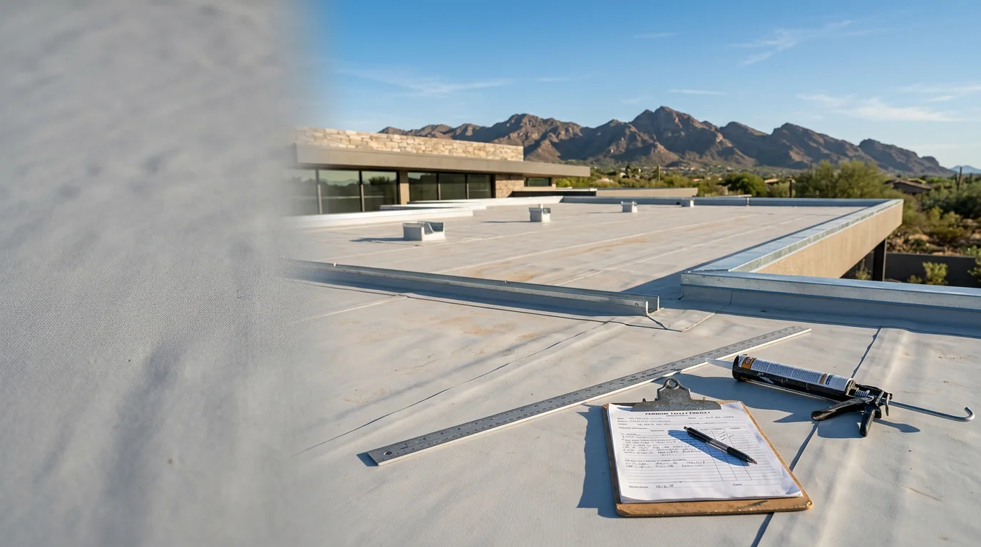 A flat roof on a contemporary desert home in Paradise Valley, Arizona, showing a clean membrane surface and open drainage scuppers along the parapet wall. The surrounding Sonoran Desert landscape and clear blue sky are visible in the background.
