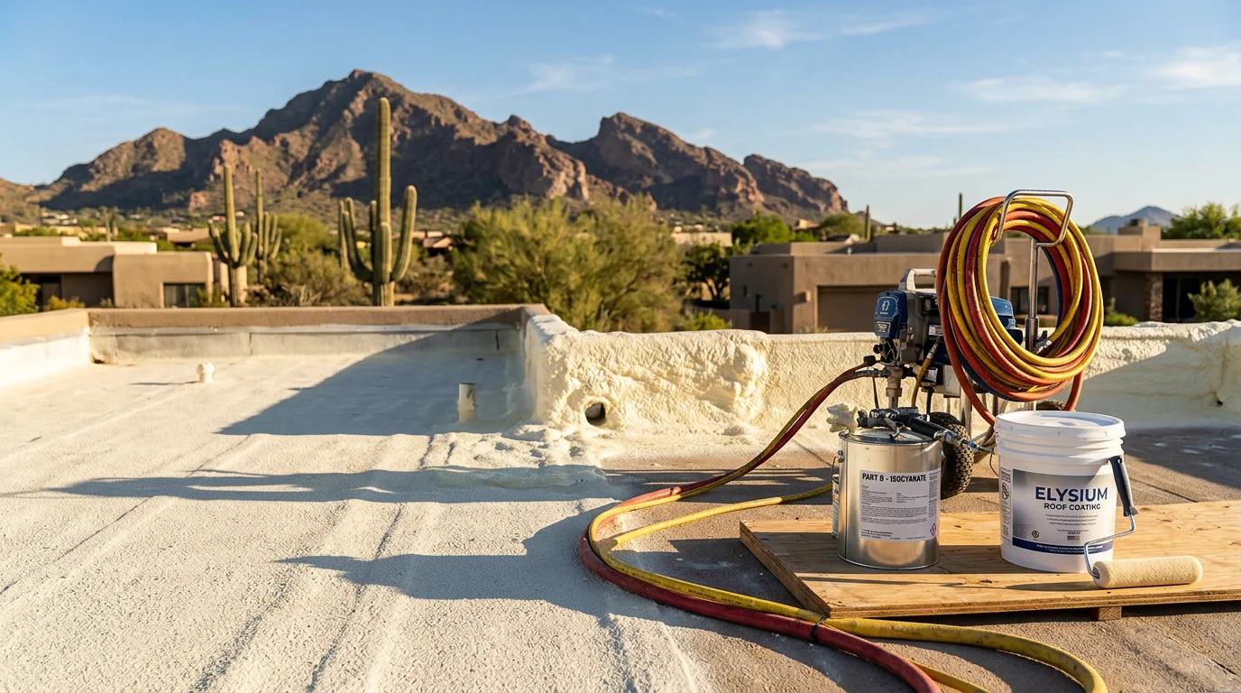 A completed foam roof coating on a flat-roof home in Paradise Valley, Arizona, showing a bright white reflective elastomeric surface with no visible seams or joints. The desert landscape and clear blue sky are visible in the background.
