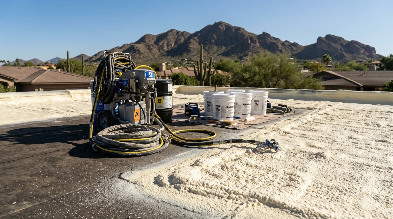 Spray polyurethane foam roofing freshly applied to a flat residential roof in Paradise Valley, Arizona, with a white reflective elastomeric topcoat under clear desert sky. Close view shows the seamless, joint-free surface across the full roof deck.