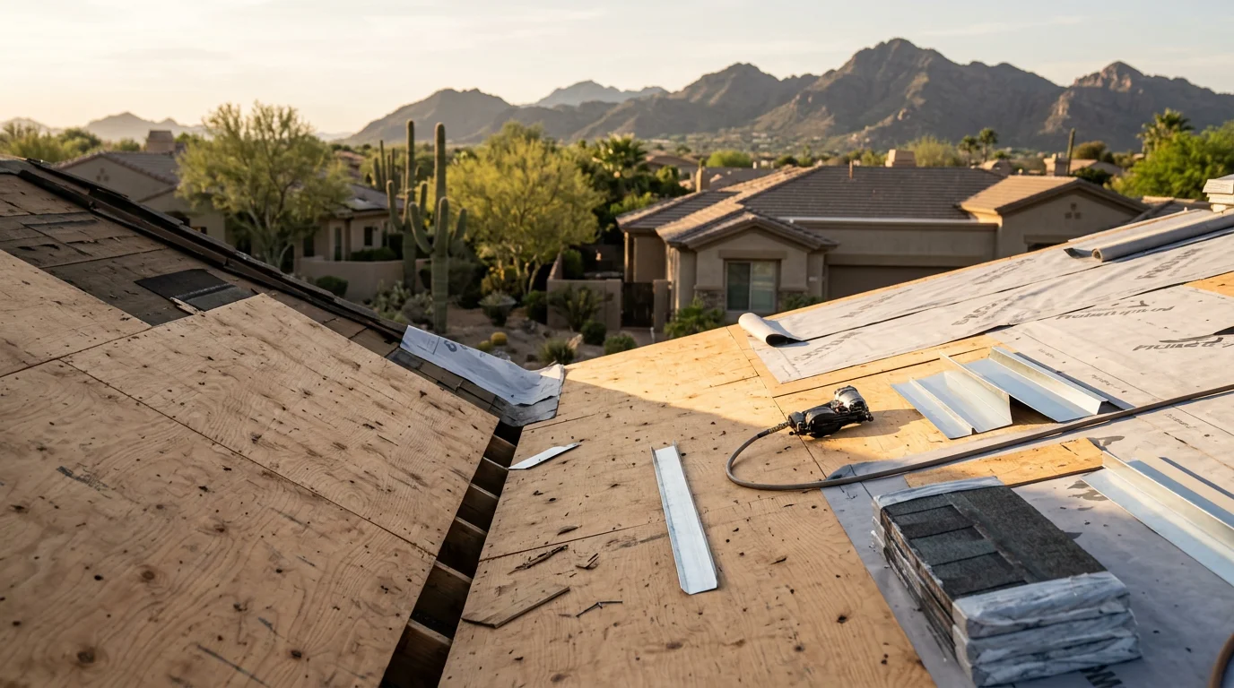 A completed full roof replacement on a large residential home in Paradise Valley, Arizona, showing a freshly installed tile roofing system on a hillside lot with clear blue desert sky in the background. Irish Roofing Company crew working on a steep-pitch custom home roof in the Paradise Valley area.