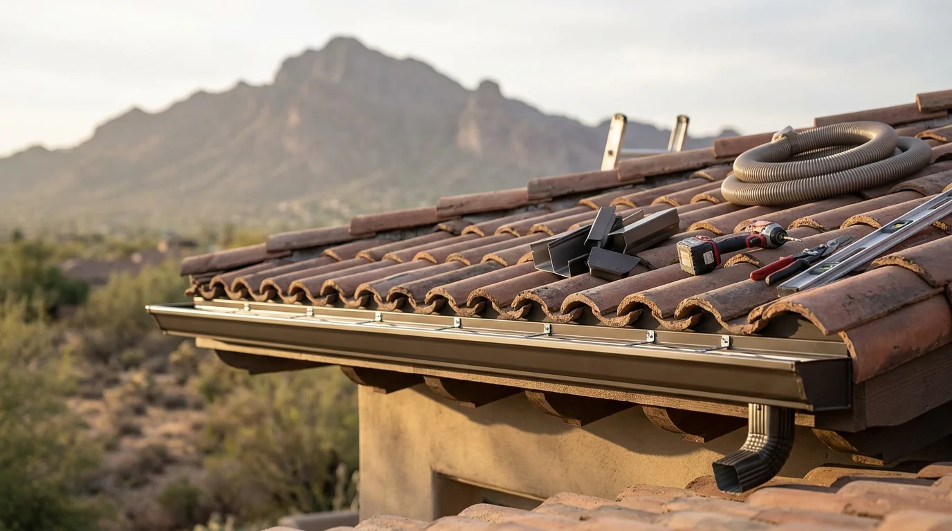 Newly installed gutters running along the roofline of a custom tile-roof home in Paradise Valley, Arizona, with a desert mountain backdrop visible behind the property.