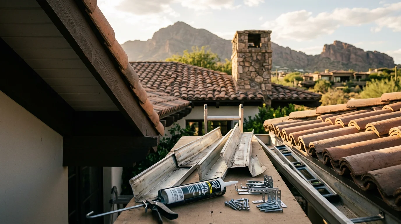 A repaired residential gutter running along the roofline of a custom home in Paradise Valley, Arizona, with a clear downspout directing water away from a desert landscaped foundation. Close view shows clean, flush joints and secure brackets against a tile roof edge.