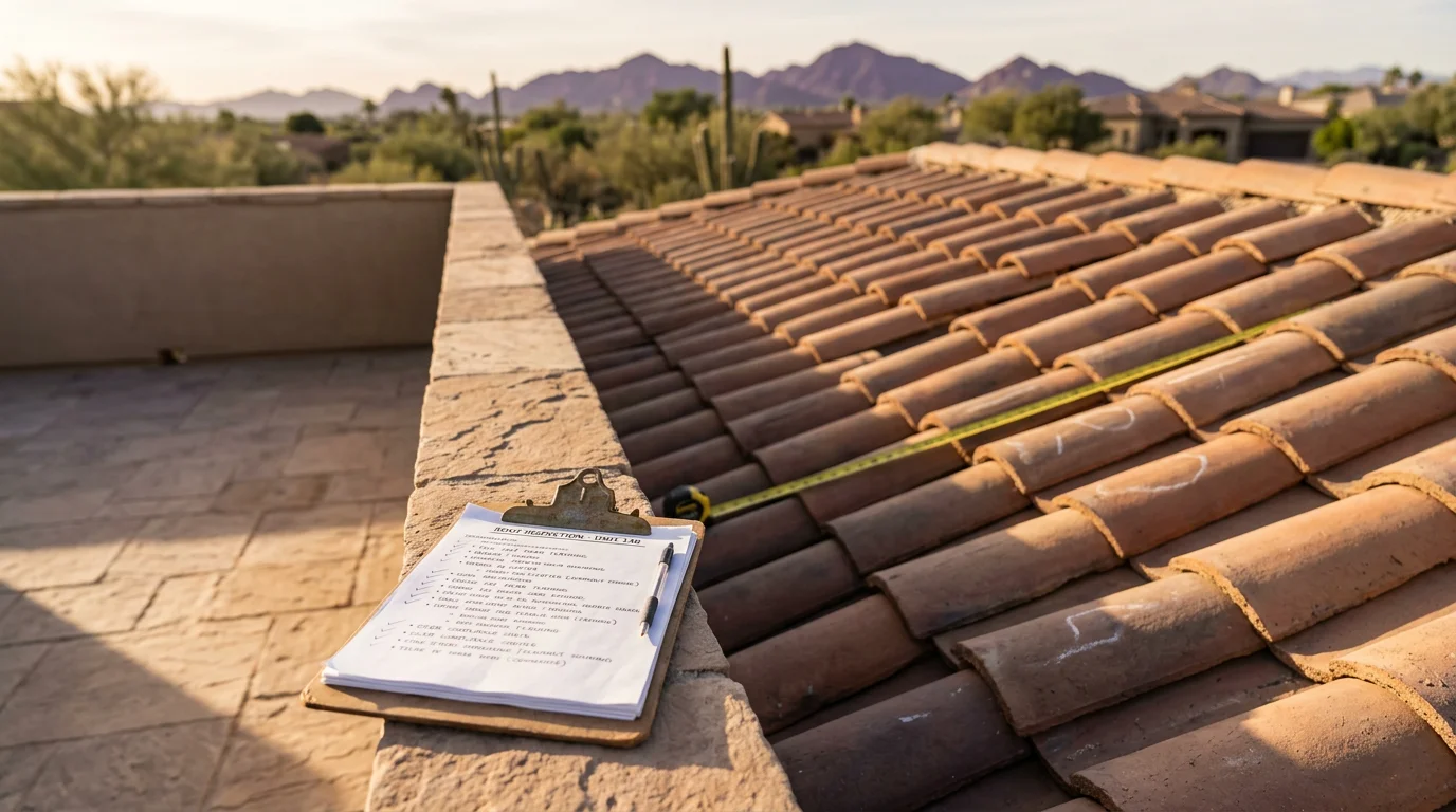 A roofing consultant reviewing a clay tile roof on a luxury residential property in Paradise Valley, Arizona, with desert mountain terrain visible in the background. The image shows a close-up assessment of roof condition and tile alignment consistent with HOA architectural standards.
