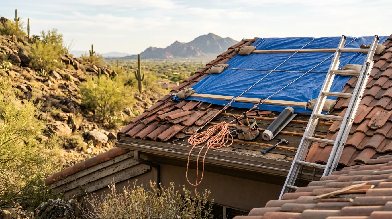 A roofing crew from Irish Roofing Company inspecting storm damage on a tile roof of a hillside home in Paradise Valley, Arizona. Displaced ridge tiles and exposed underlayment are visible against a desert sky following a monsoon event.