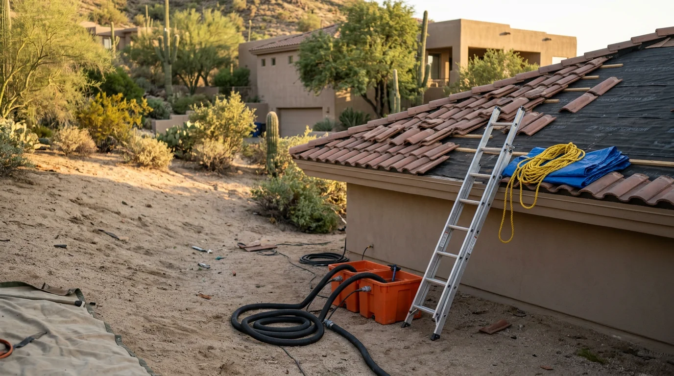 A roofing crew from Irish Roofing Company stabilizing storm-damaged tiles on a residential roof in Paradise Valley, AZ. Wind-lifted sections are being secured following a monsoon event, with the desert hillside landscape visible in the background.