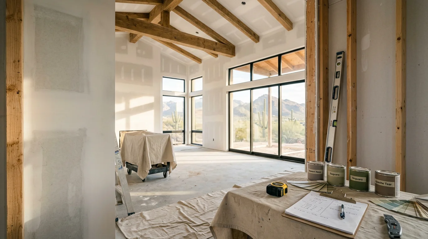 Interior living space in a Paradise Valley home featuring an open floor plan with high ceilings and strong natural light from large windows. The room reflects the desert landscape outside with warm, neutral tones and a clean, uncluttered layout.