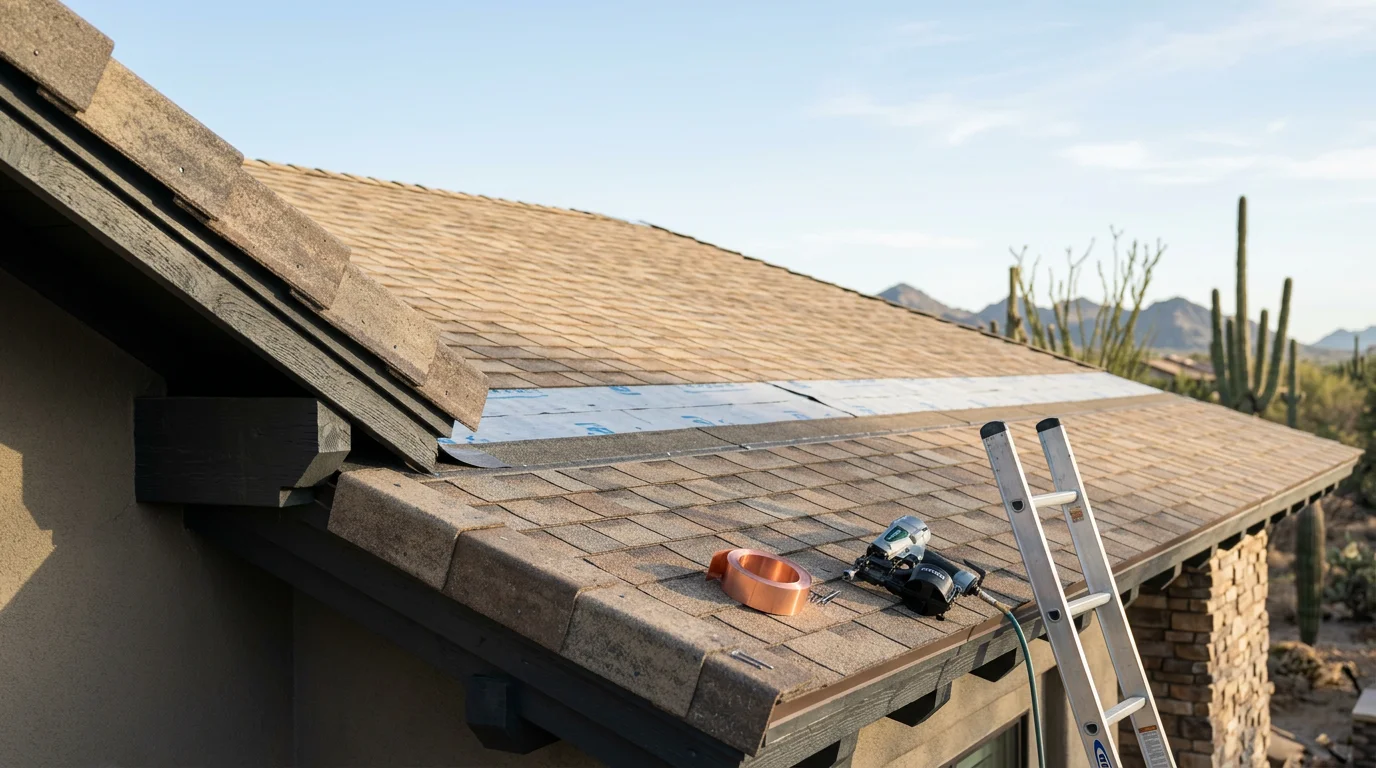 A newly installed roof on a residential home in Paradise Valley, Arizona, showing clean roofline work against a desert sky. The installation reflects the architectural style common to the area, with precise flashing and finished edges visible along the roofline.
