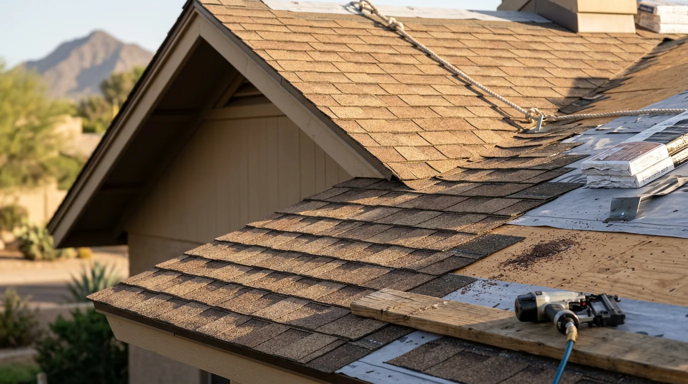 Newly installed laminated shingles on a pitched residential roofline in Paradise Valley, Arizona, showing the dimensional layered texture and clean ridge line against a clear desert sky.