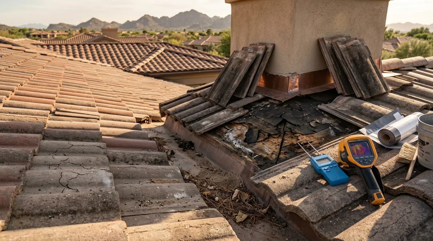 A roofing contractor inspecting failed flashing and cracked tile on a Paradise Valley home after monsoon storm damage. Close-up view of the roof surface showing the leak repair area before work begins.