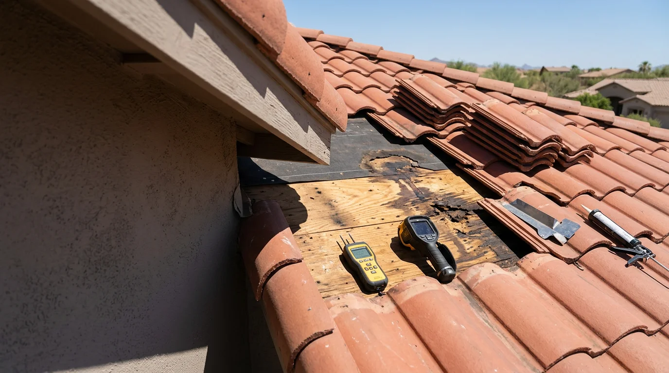 A Paradise Valley residential tile roof showing water staining along a flashing seam near a chimney, with a roofer inspecting the damaged area. Desert landscaping and a clear Arizona sky are visible in the background.