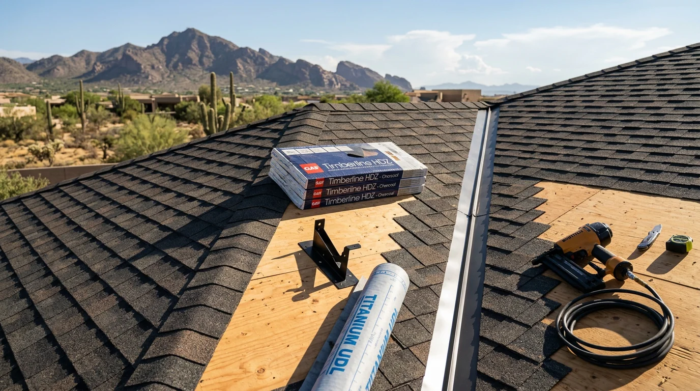 Luxury dimensional shingles installed on the pitched roofline of a high-end residential home in Paradise Valley, Arizona. Close-up view shows the layered profile and clean ridge line against a clear desert sky.