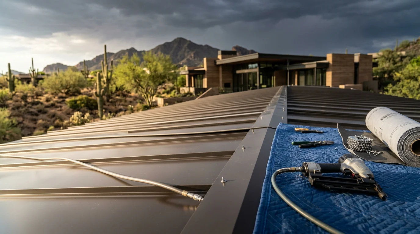 A completed metal roof installation on a desert-modern home in Paradise Valley, Arizona, with clean panel lines and a finish suited to the surrounding mountain landscape. The roof shows no visible fasteners and reflects the bright Arizona sky overhead.