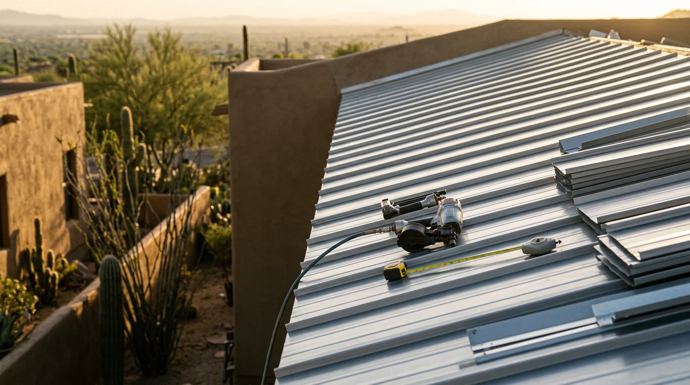 Completed metal roof installation on a residential home in Paradise Valley, Arizona, showing reflective metal panels under clear desert sky. The finished roof sits above a desert-landscaped property typical of the Paradise Valley area.