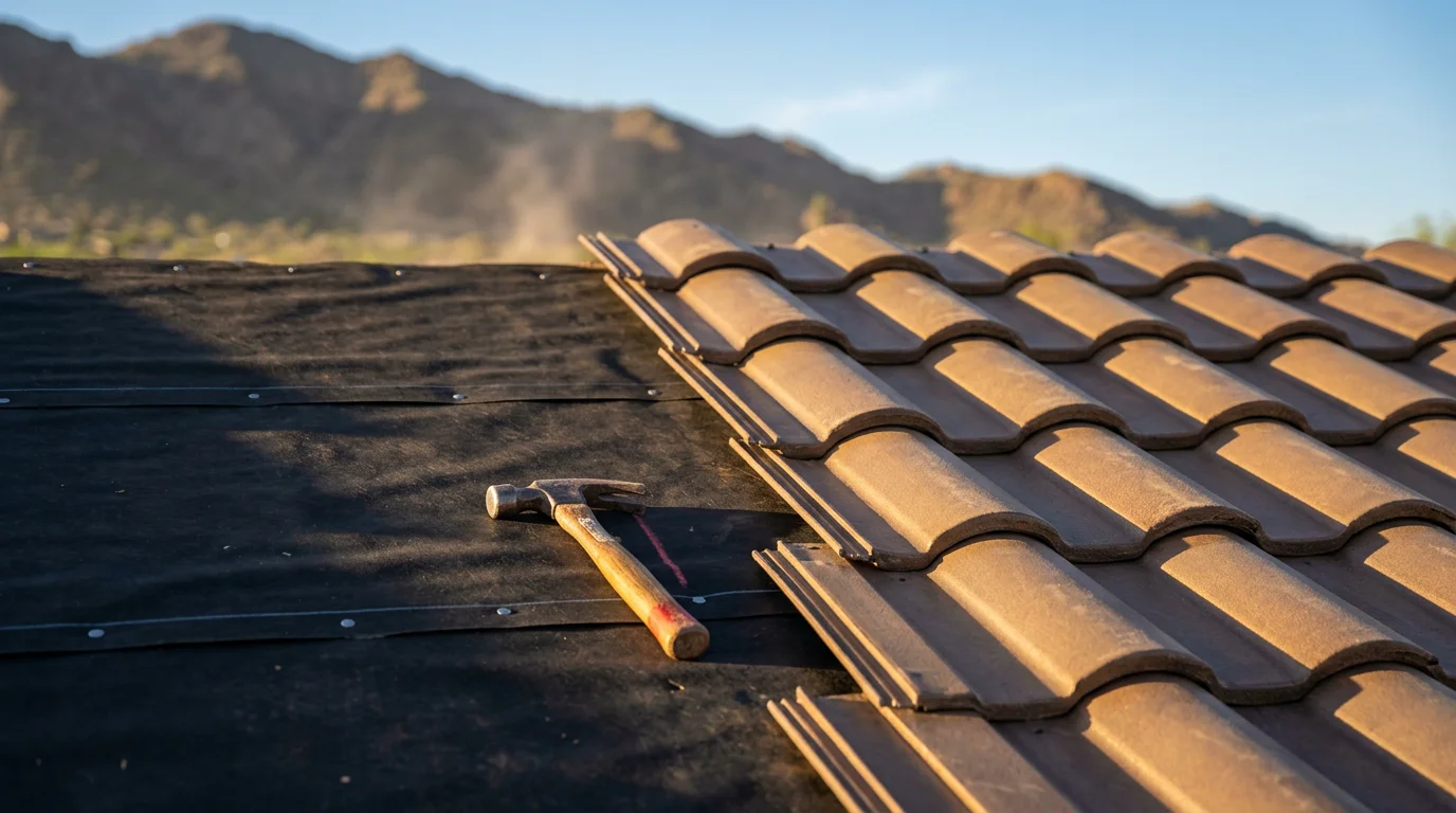 Installed metal tile roof on a residential home in Paradise Valley, Arizona, showing the stamped tile profile and desert mountain backdrop. Close detail of interlocking metal tile panels with reflective finish under bright Arizona sunlight.