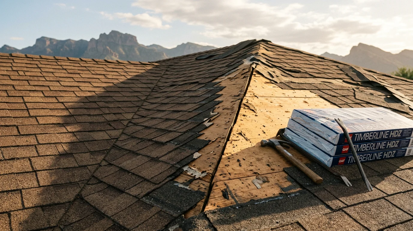 A Paradise Valley residential rooftop showing a section of missing asphalt shingles with exposed underlayment after a monsoon wind event. A roofer from Irish Roofing Company examines the damaged area during a post-storm inspection.