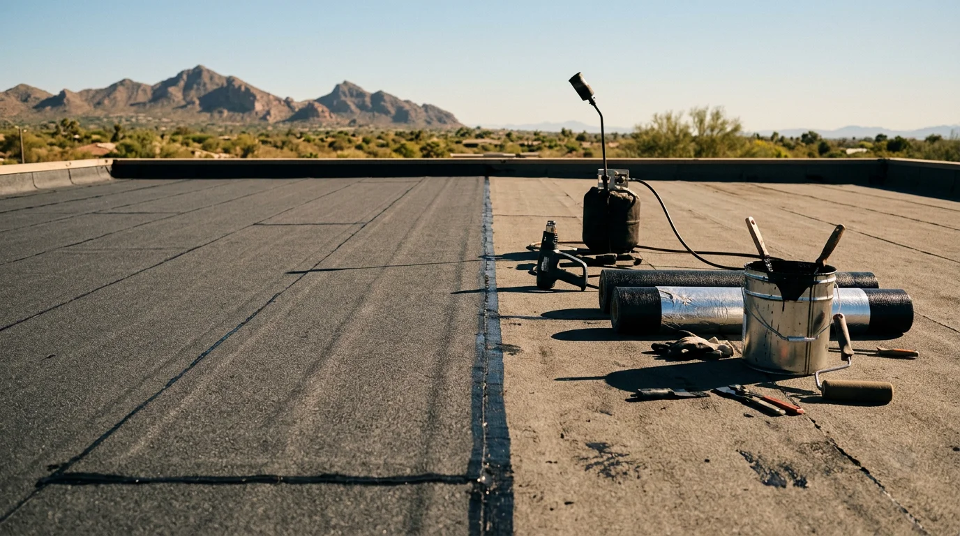 A freshly installed modified bitumen roof on a flat-roof home in Paradise Valley, Arizona, showing a smooth dark membrane surface with clean edges and proper drainage slope. The desert landscape and clear blue sky are visible in the background.