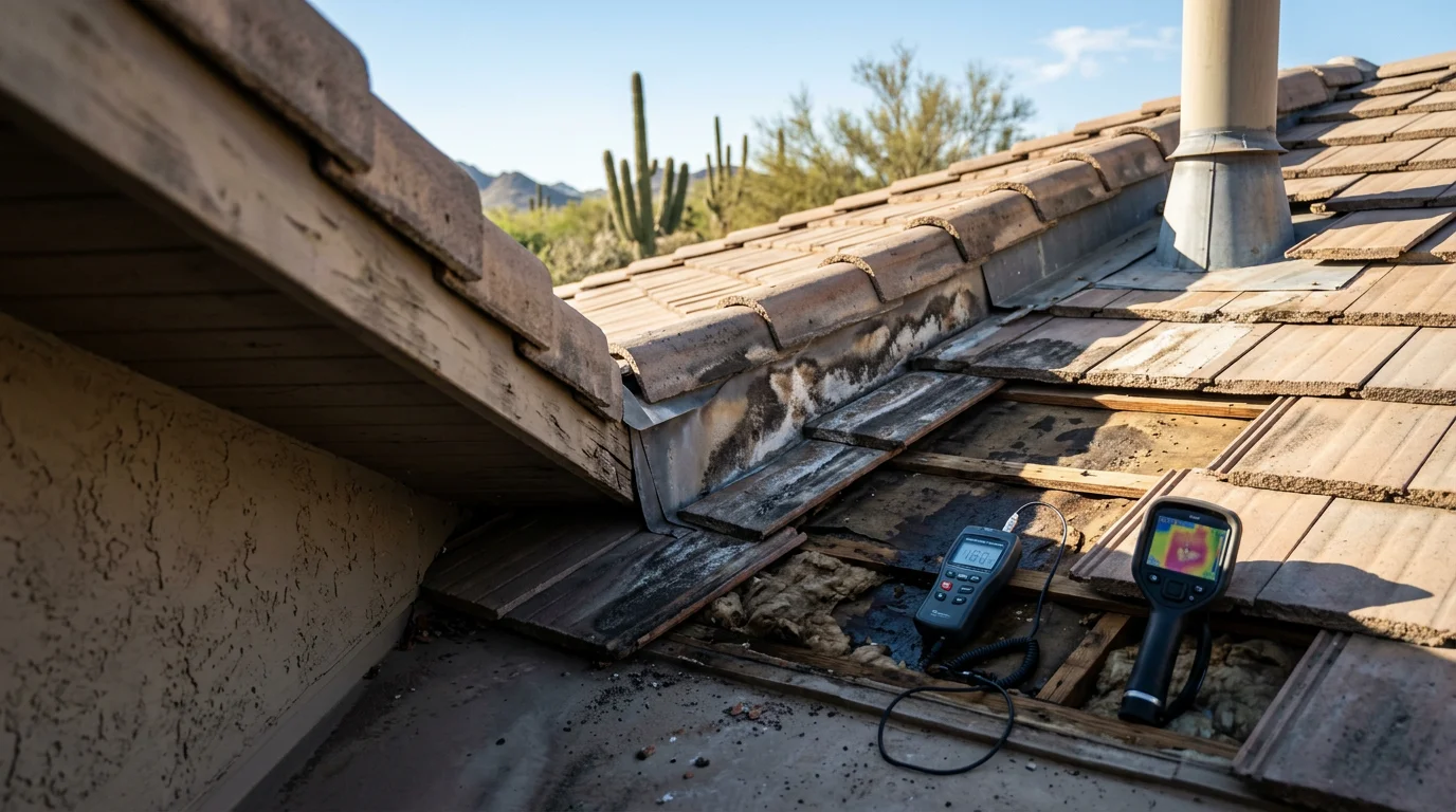 A Paradise Valley rooftop showing water-stained decking and deteriorated flashing around a chimney penetration after monsoon season. A roofer from Irish Roofing Company examines the moisture-damaged underlayment beneath lifted tile courses.