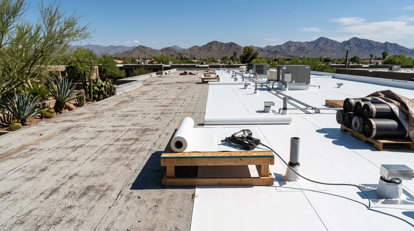 Newly installed multi-family roof system on a condominium complex in Paradise Valley, Arizona, showing clean flashing details around HVAC units and proper drainage slope across a large flat roof surface under a clear desert sky.