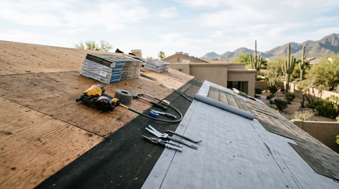 A newly installed residential roof on a Paradise Valley home, showing clean roofing lines, finished flashing, and ridge venting against a clear Arizona sky. The surrounding desert landscape and mountain backdrop reflect the local setting.