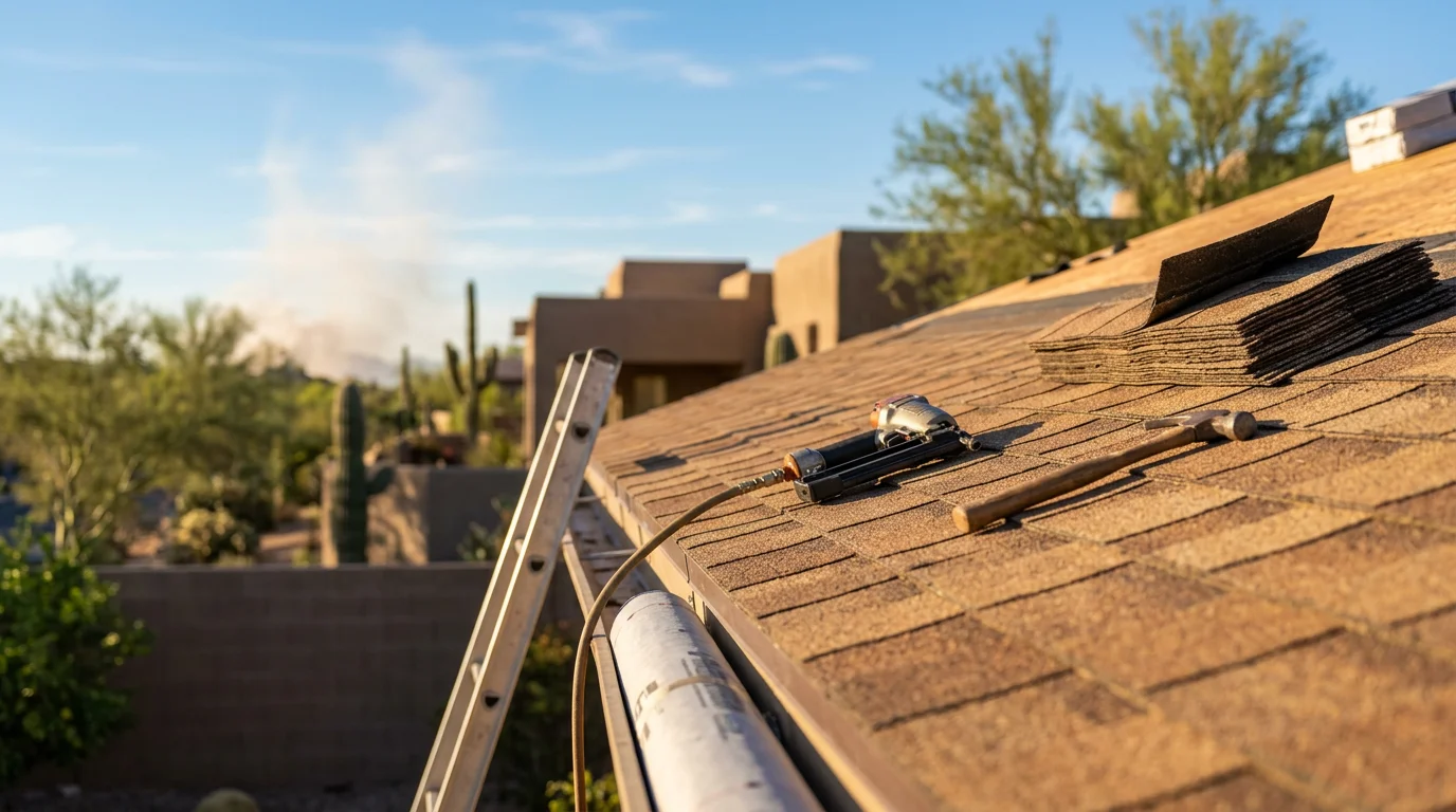 A newly installed residential roof on a Paradise Valley, Arizona home with a clear blue sky overhead. The finished roofline shows clean lines and full coverage suited to the desert climate.