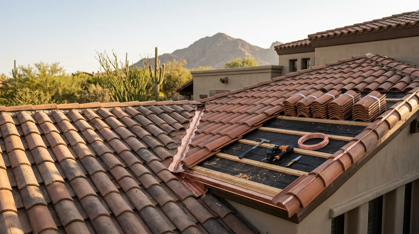 A newly installed tile roof on a Paradise Valley estate home, with desert mountain terrain visible in the background under a clear Arizona sky. The roofline follows a Spanish Mission architectural style with clean ridge lines and fresh clay tile.