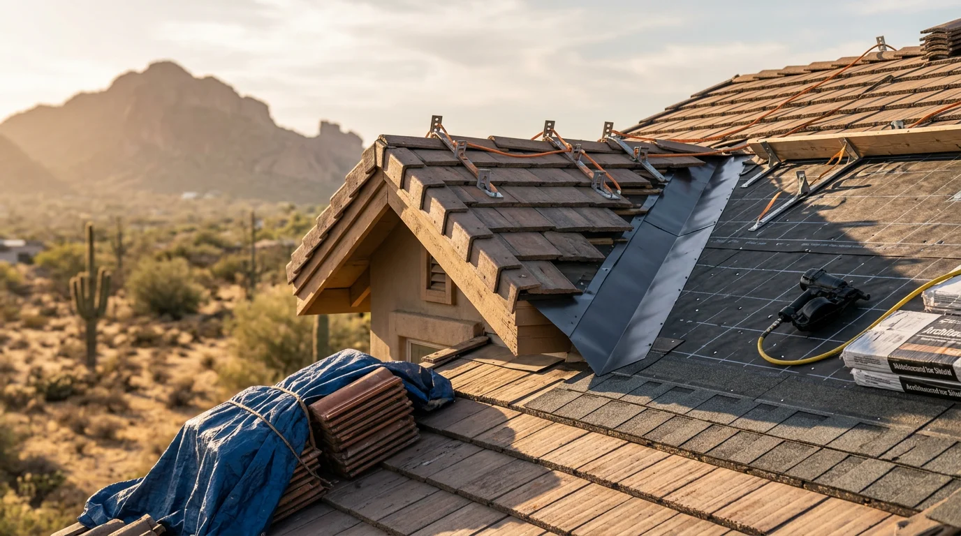 A pitched tile roof on a Paradise Valley home showing clean ridgelines and properly set valley flashing against a desert mountain backdrop. The roof slope and tile layout reflect the architectural style common to the area.