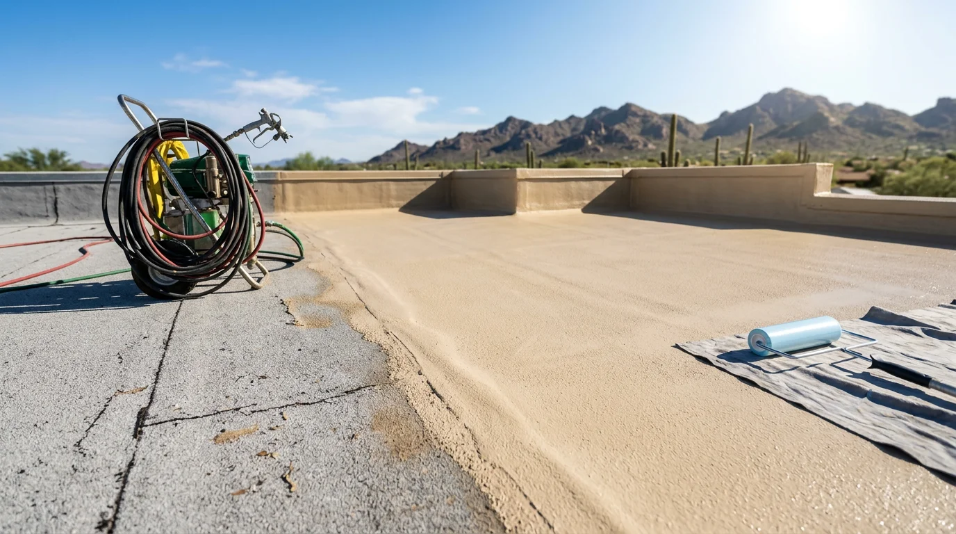 A freshly applied white polyurethane foam roof on a flat-roofed residential home in Paradise Valley, Arizona, with a smooth seamless surface under a clear desert sky. The reflective coating covers the entire roof deck with no visible seams or joints.