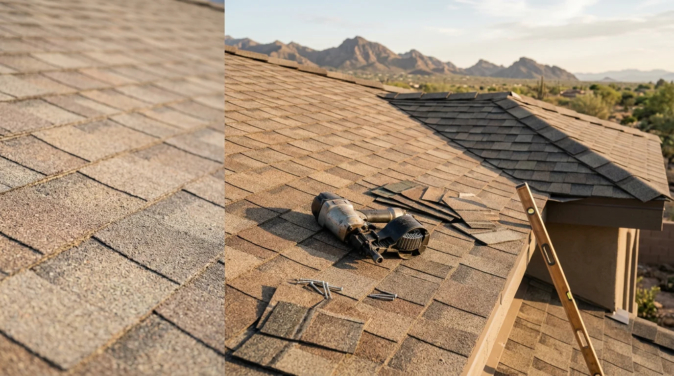 A Paradise Valley residential home with a newly installed premium shingle roof, showing clean ridge lines and a color profile that complements the home's desert Southwest exterior. Close-up detail of dimensional shingle texture under bright Arizona sunlight.