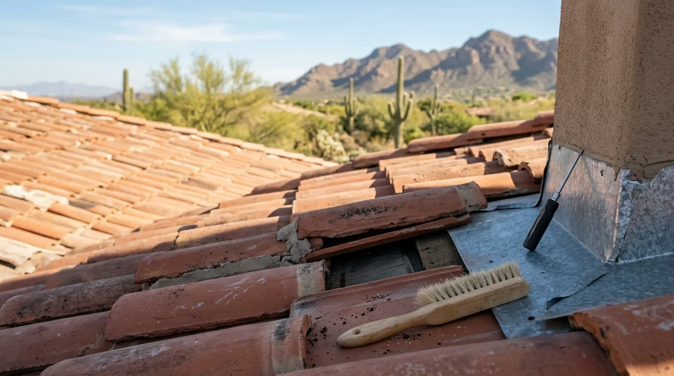 A roofing contractor from Irish Roofing Company inspecting tile roof flashing and ridge mortar on a Paradise Valley home during a preventative maintenance visit. The image shows close-up detail of the roof surface against a clear Arizona sky.