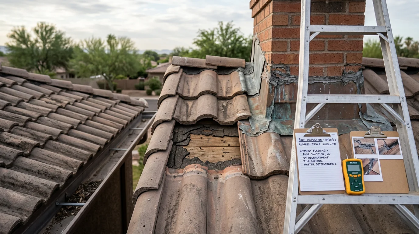 A roofing professional inspecting clay tile placement and flashing details on a residential rooftop in Paradise Valley, Arizona, with desert landscape visible in the background. Close-up view shows the inspection of ridge caps and drainage valleys on a sun-exposed roof.