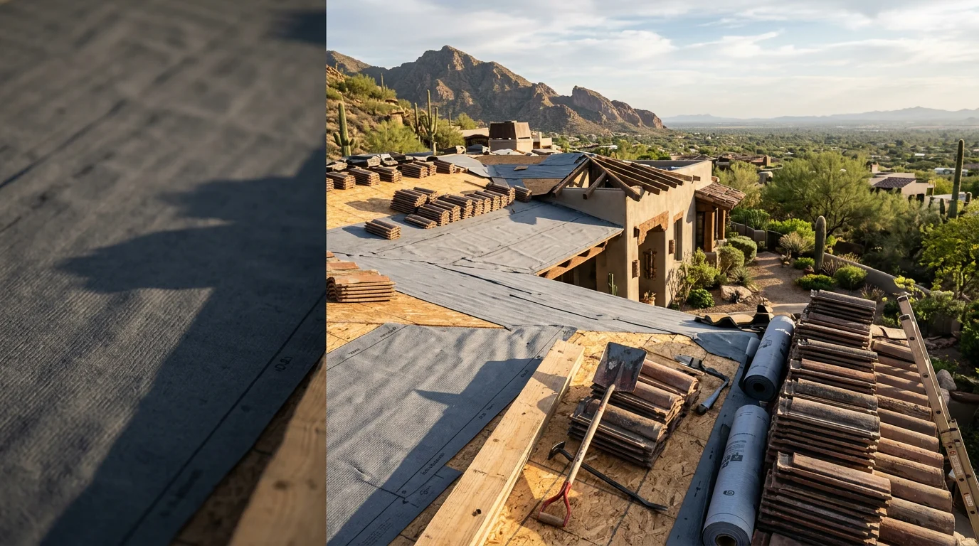 A Paradise Valley custom home mid-re roof with old roofing material removed, fresh underlayment laid across a large multi-valley tile roof deck. Camelback Mountain terrain visible in the background.