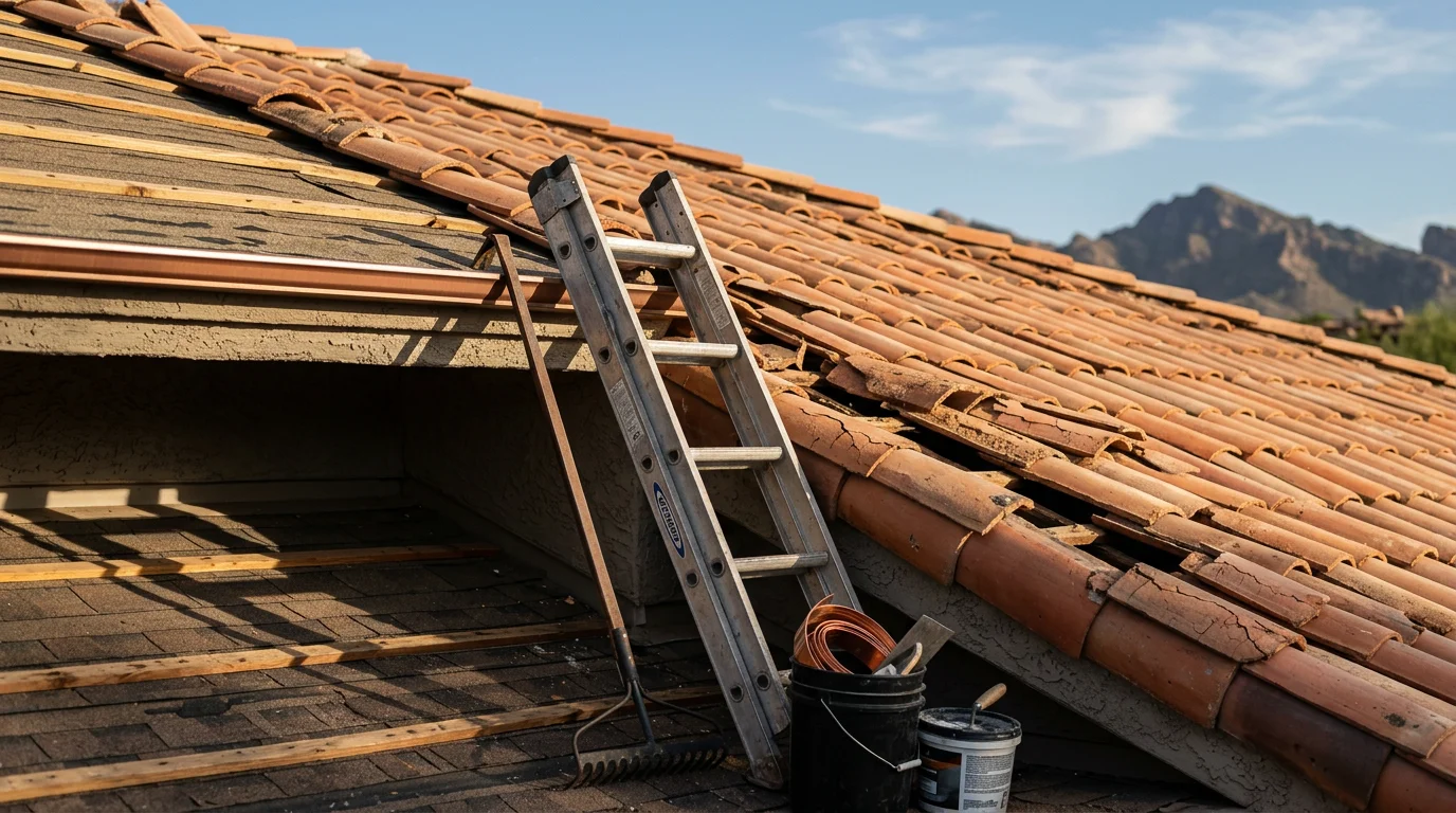 A roofing crew from Irish Roofing Company repairing a tile roof on a residential home in Paradise Valley, Arizona, with desert landscape visible in the background. Close-up view shows replaced flashing and fresh underlayment along the roof edge.