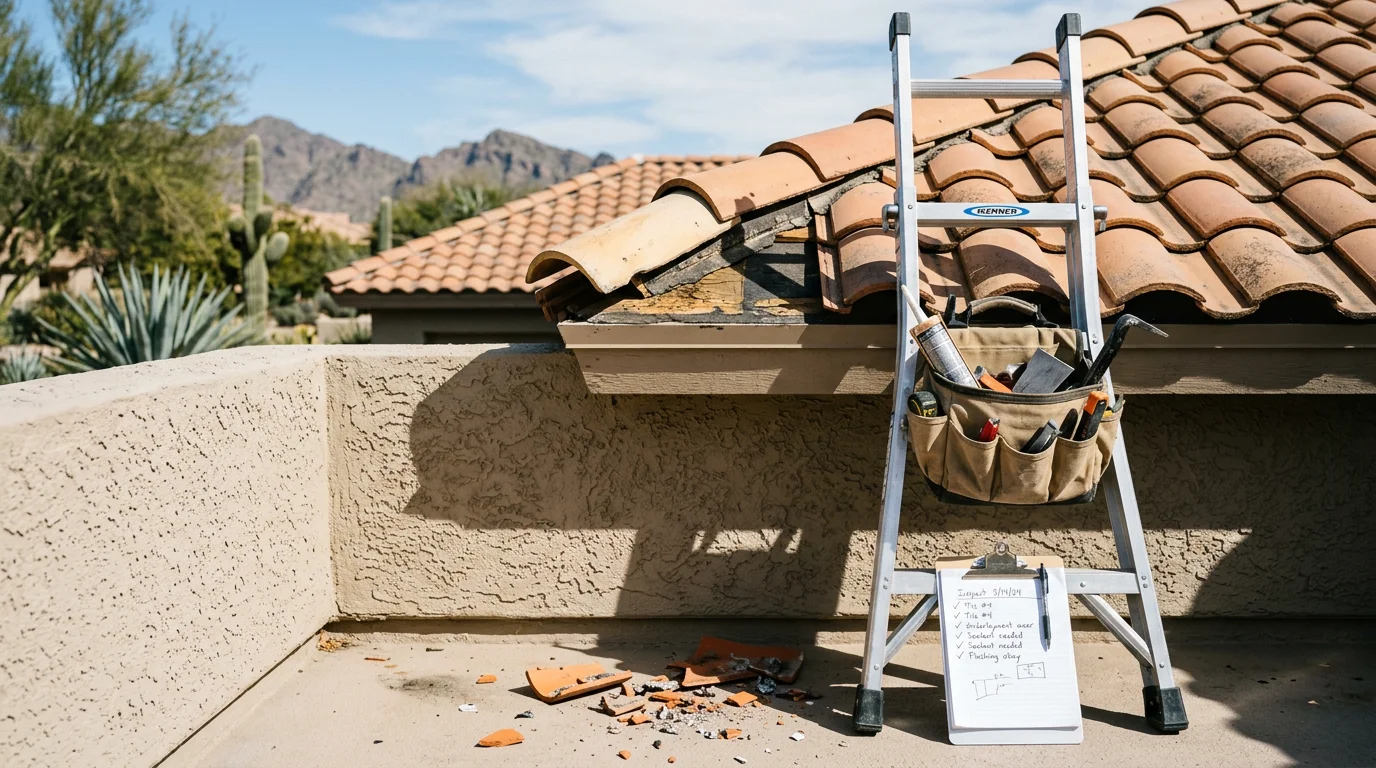 A Paradise Valley residential roof showing repaired tile sections and sealed flashing around a chimney, set against a clear Arizona sky. Close-up view of the completed repair area with surrounding desert landscape visible in the background.