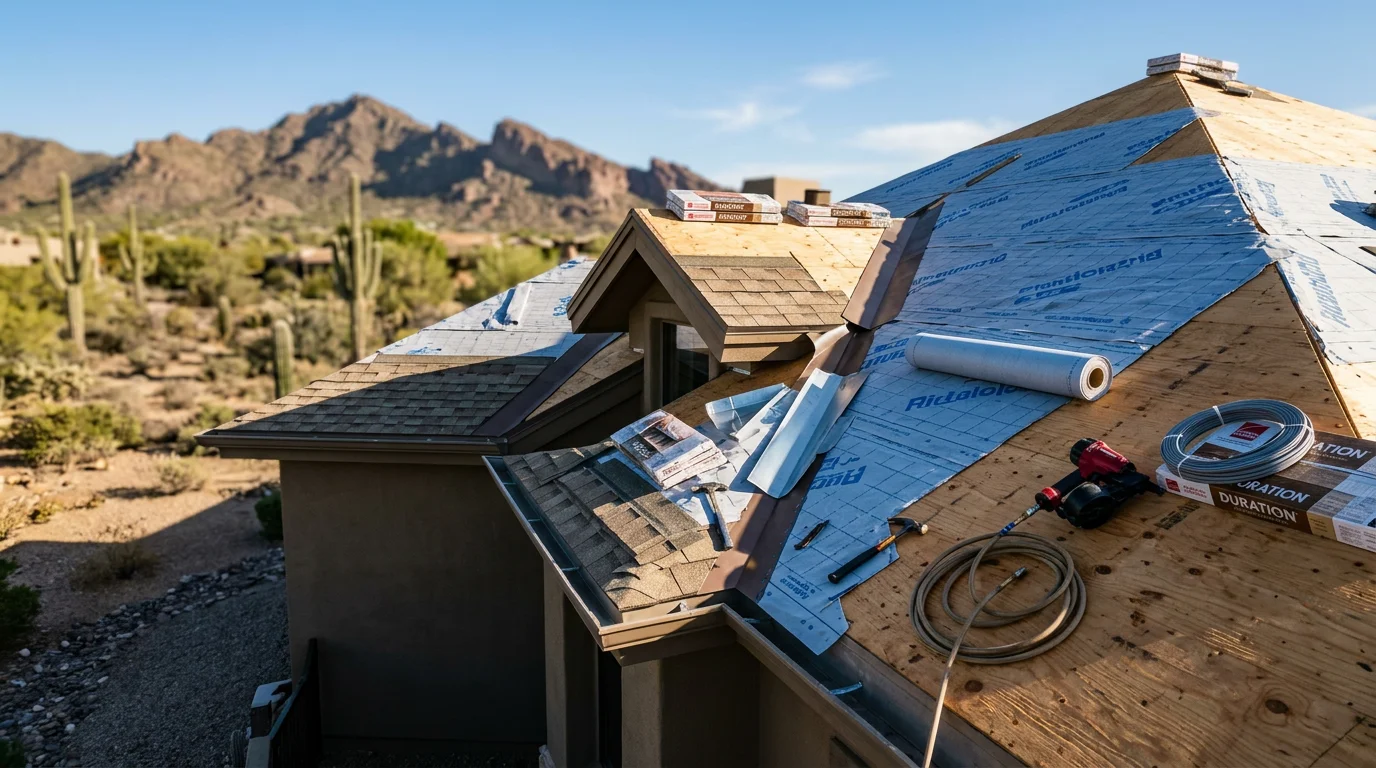 A completed roof replacement on a large custom home in Paradise Valley, Arizona, showing new roofing installed across a multi-pitch roofline against a desert mountain backdrop. Irish Roofing Company crew work visible on a steep-pitch section with Camelback Mountain terrain in the background.