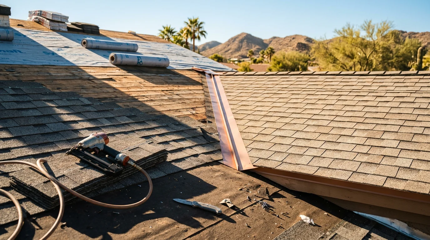 A completed residential roof replacement on a Paradise Valley home, showing new roofing materials installed across a multi-gable structure against a clear Arizona sky. The surrounding desert landscape and neighboring properties are visible in the background.