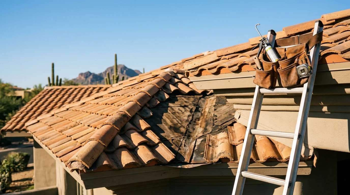 A residential tile roof on a large Paradise Valley home showing a completed repair with clean flashing and intact ridge lines against a clear Arizona sky. Irish Roofing Company crew working on a multi-pitch roofline in the greater Phoenix area.