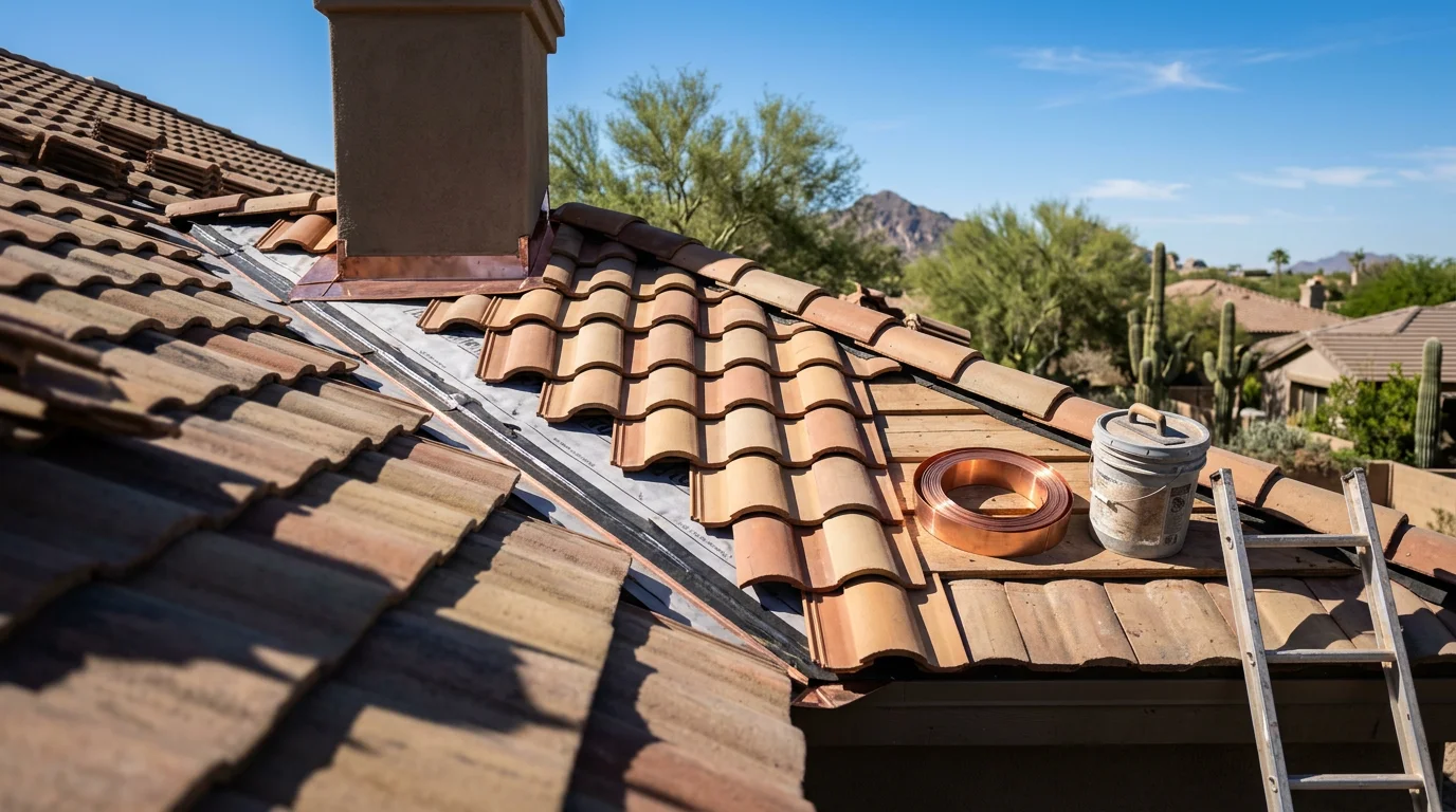 A residential tile roof on a large Paradise Valley, Arizona home showing a completed roofing inspection with intact concrete tile sections and properly sealed flashing along the roof valleys. Irish Roofing Company crew working on a pitched tile roof under clear Arizona sky.