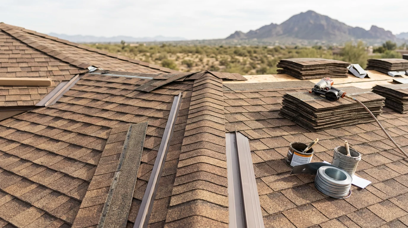 A completed residential new roof installation on a large custom home in Paradise Valley, Arizona, showing a full tile roof system with finished ridge lines and flashing against a desert mountain backdrop.
