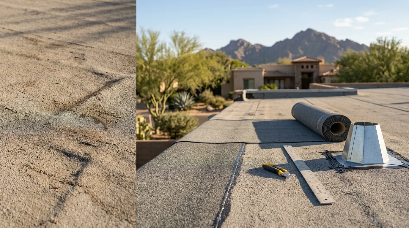 A freshly installed rolled roof covering a flat-roof section of a residential property in Paradise Valley, Arizona, with clean overlapping courses and sealed flashing along the edges.