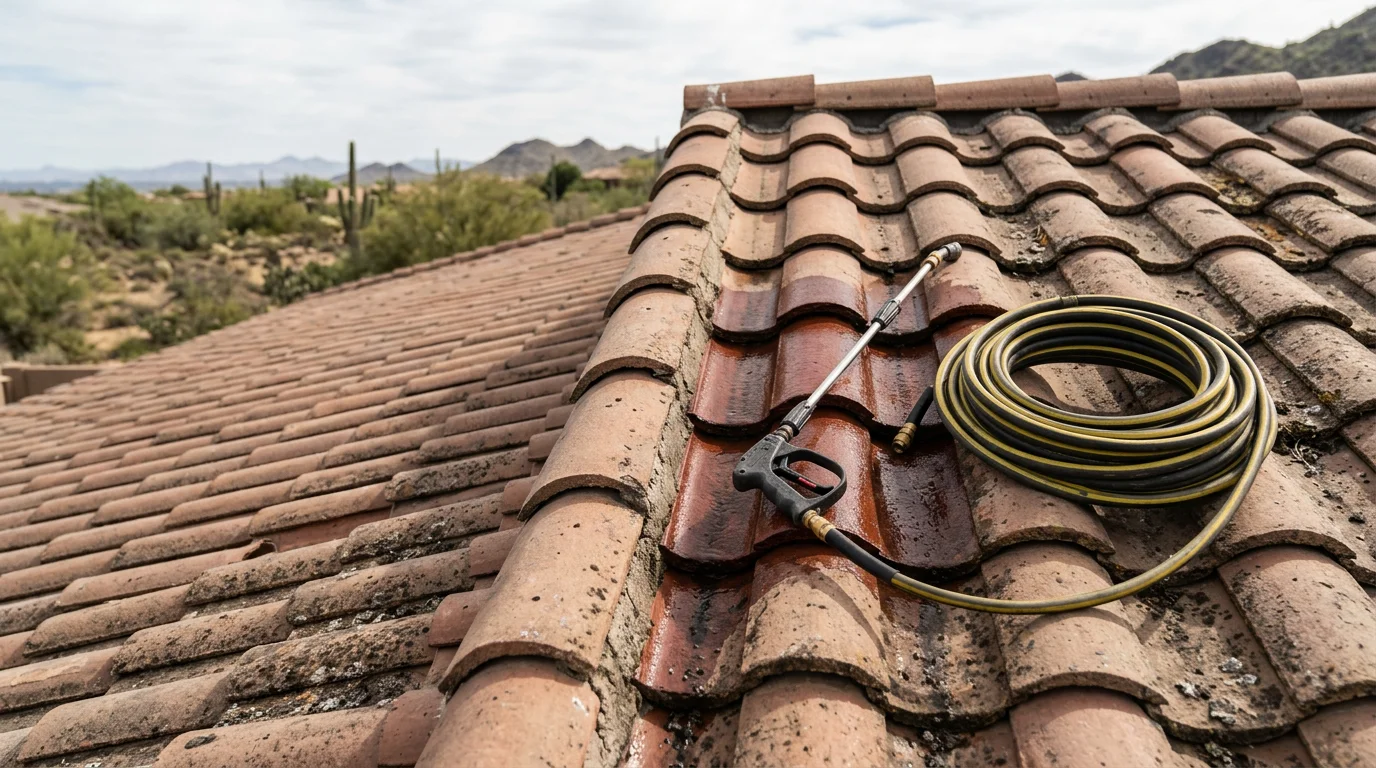 A clay tile roof on a Paradise Valley home after professional cleaning, showing clear drainage valleys and debris-free tile surfaces. Desert landscape visible in the background under bright Arizona sun.