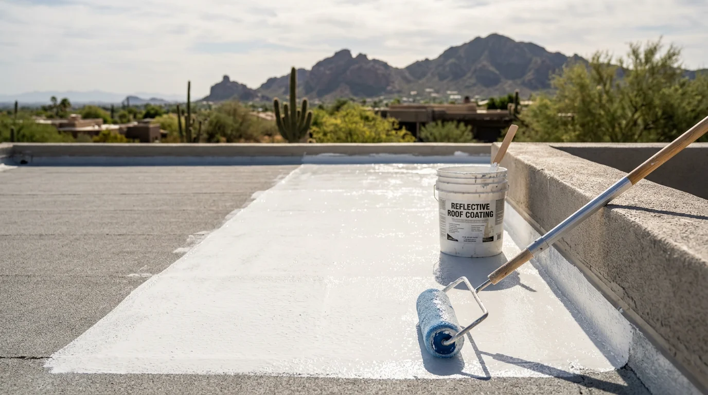 A flat residential roof in Paradise Valley, Arizona with a freshly applied reflective coating covering the full surface. The coating shows a smooth, light-colored finish against the desert landscape and clear blue sky.