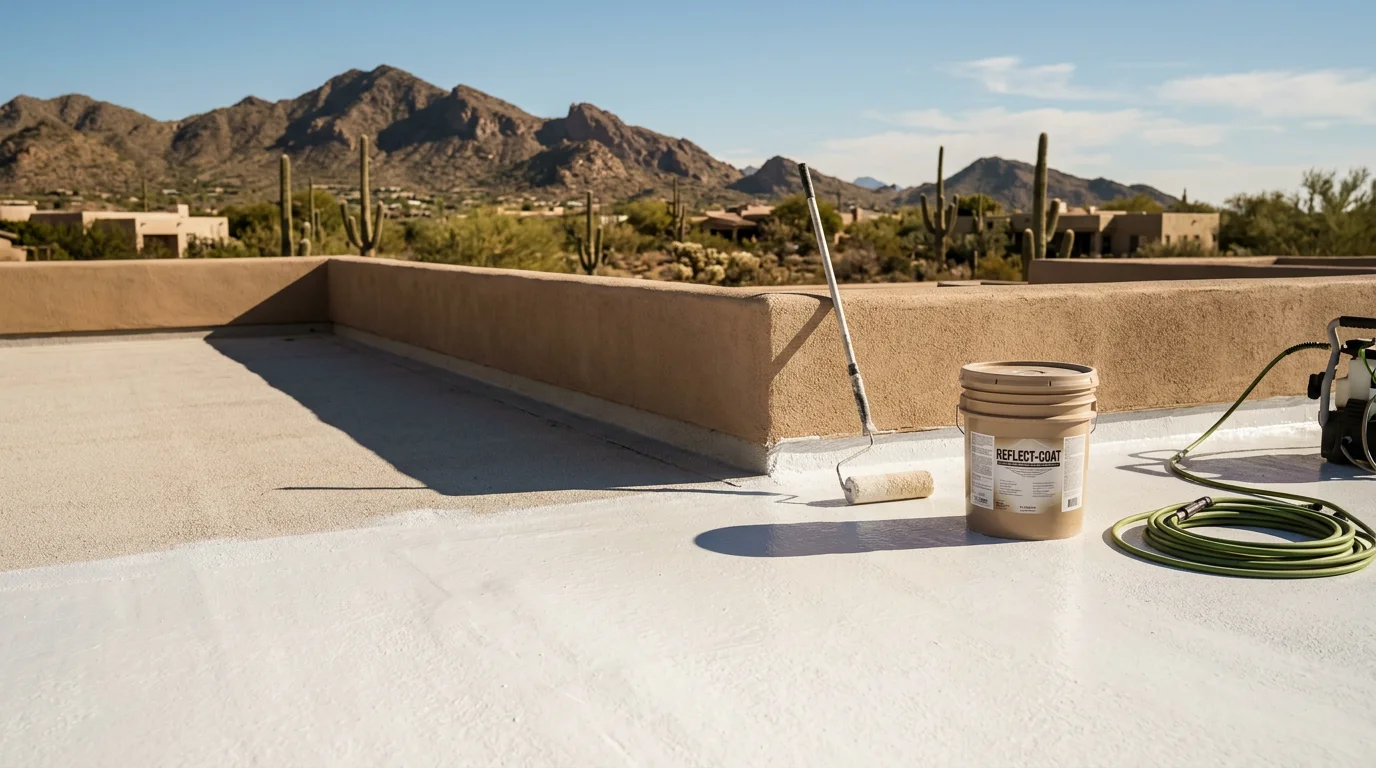 A flat roof on a Paradise Valley home with a freshly applied reflective coating, showing a smooth, sealed surface under bright Arizona sunlight. The coating covers the full low-slope section above a covered patio area.