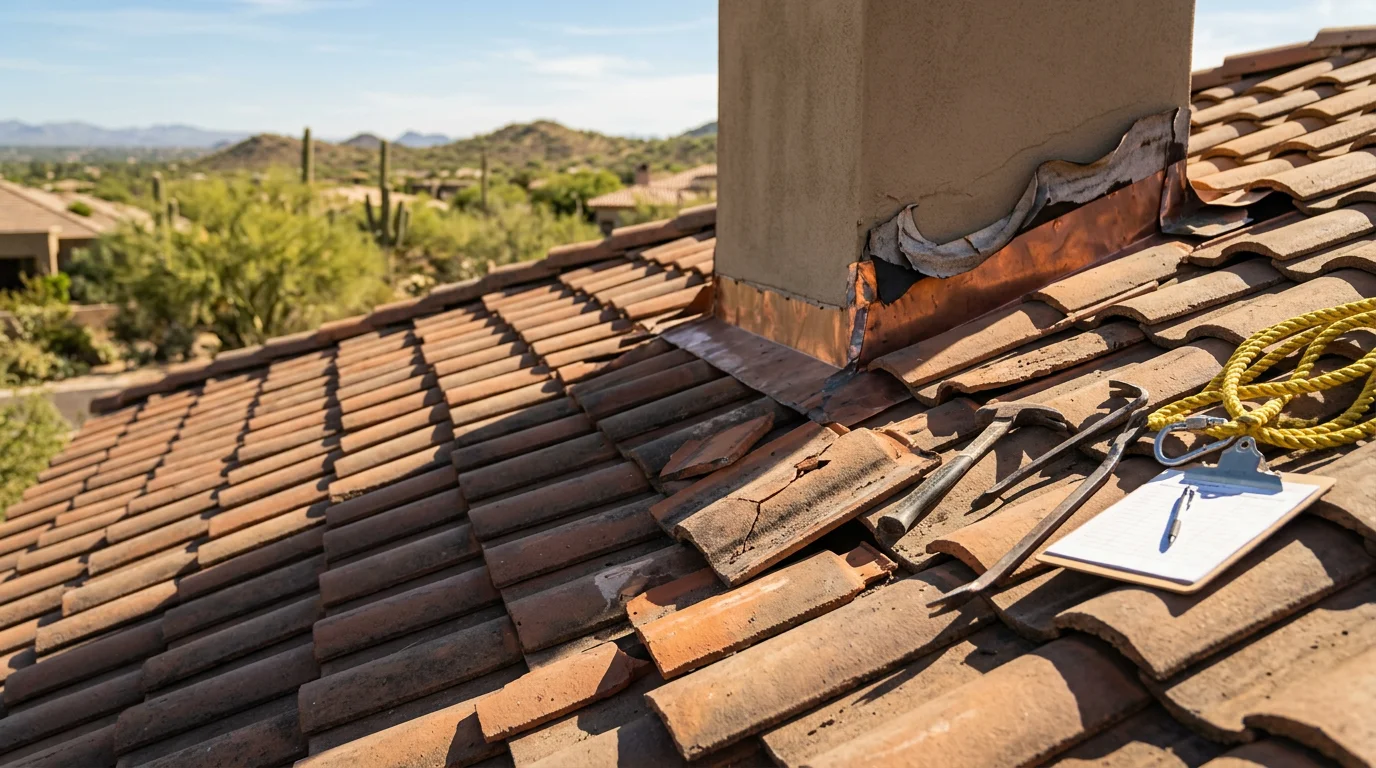 A Paradise Valley home with a multi-valley tile roof showing repaired flashing and restored tiles after monsoon storm damage. Irish Roofing Company crew working on a steep-pitch desert roofline under clear Arizona skies.