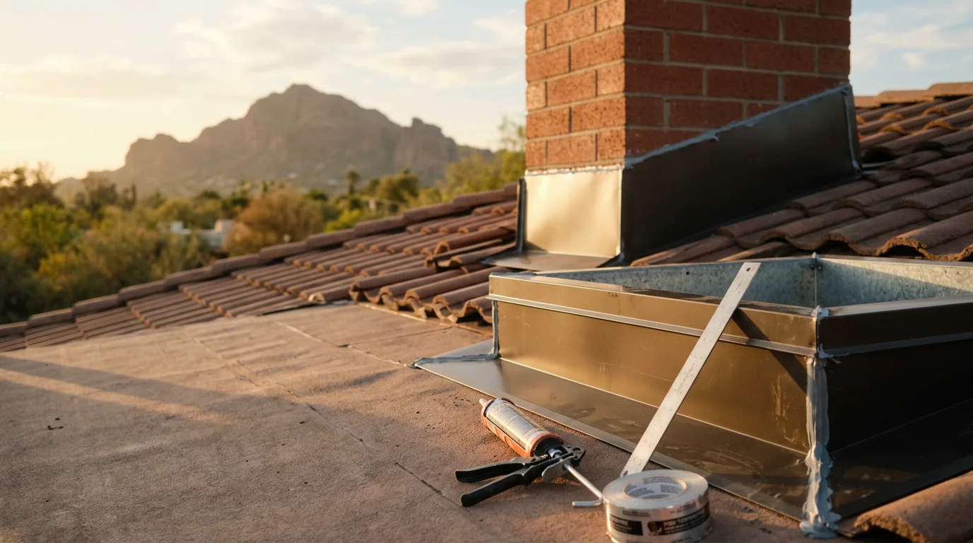 A roofing contractor securing metal flashing around a chimney on a tile roof in Paradise Valley, Arizona. The surrounding desert landscape and clear blue sky are visible in the background.