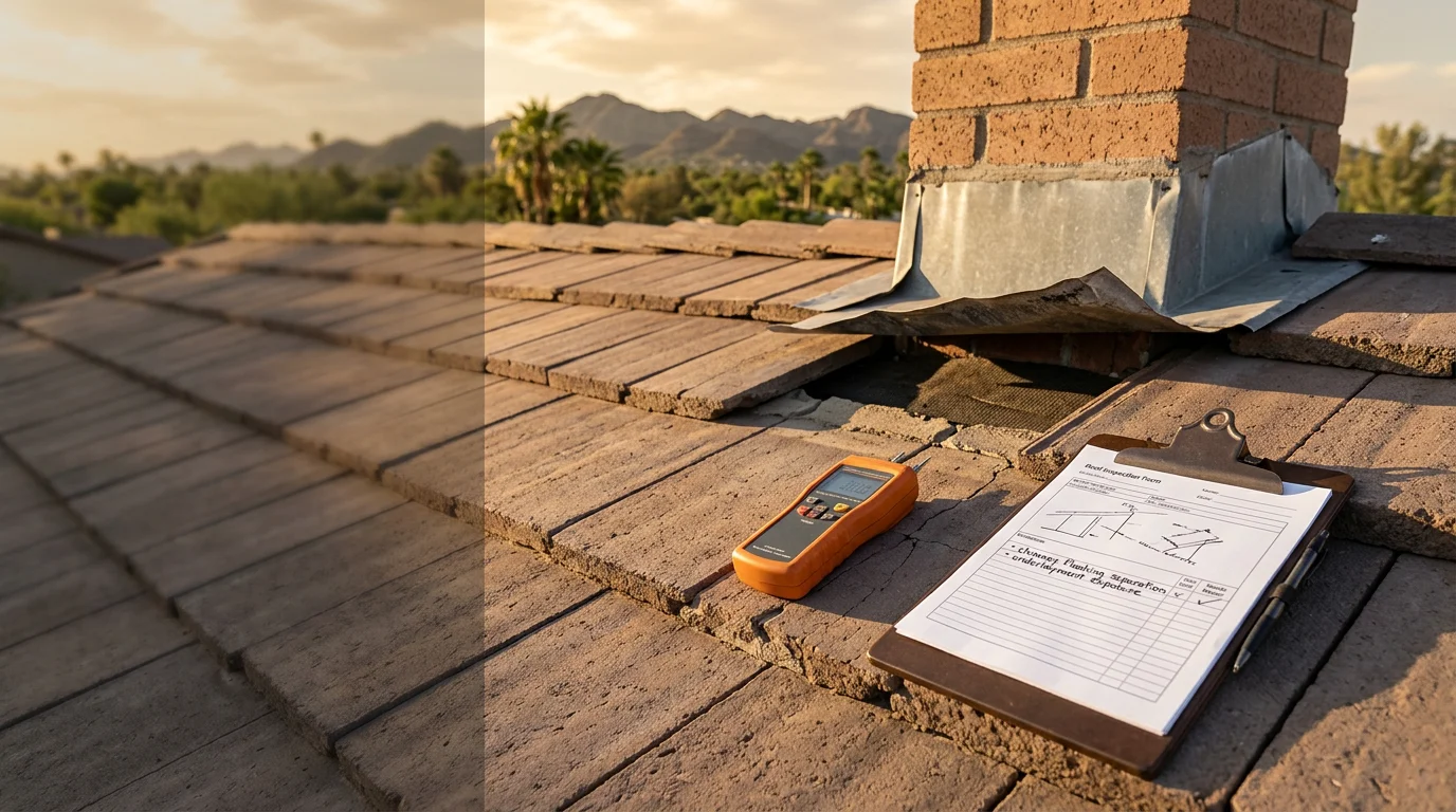 A roofing contractor from Irish Roofing Company inspecting concrete tile and flashing on a residential rooftop in Paradise Valley, Arizona. The inspection covers tile alignment, mortar joints, and drainage points on a large custom home under clear desert sky.