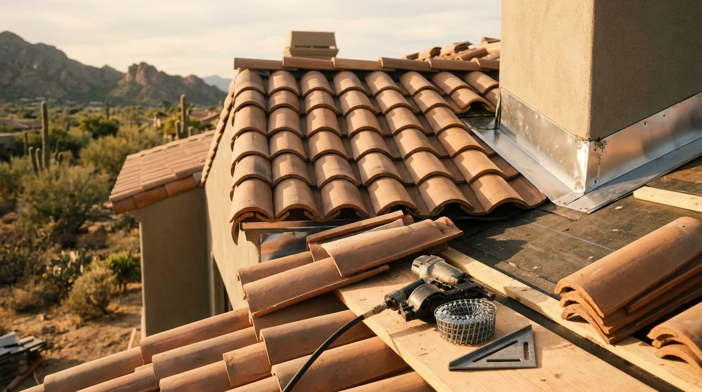 A completed roof installation on a Paradise Valley home with a tile roofline, set against the Arizona desert landscape. The finished roof shows clean ridge lines and properly laid tile suited to the home's Southwest architectural style.