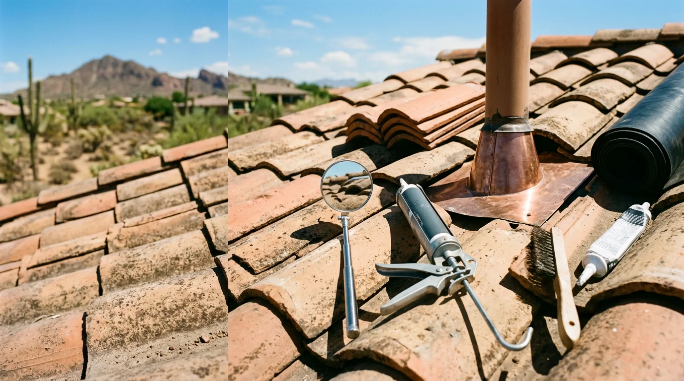 A roofing contractor from Irish Roofing Company inspecting tile roof flashing and sealant on a residential home in Paradise Valley, Arizona. The image shows a sun-exposed roof surface with desert landscape visible in the background.
