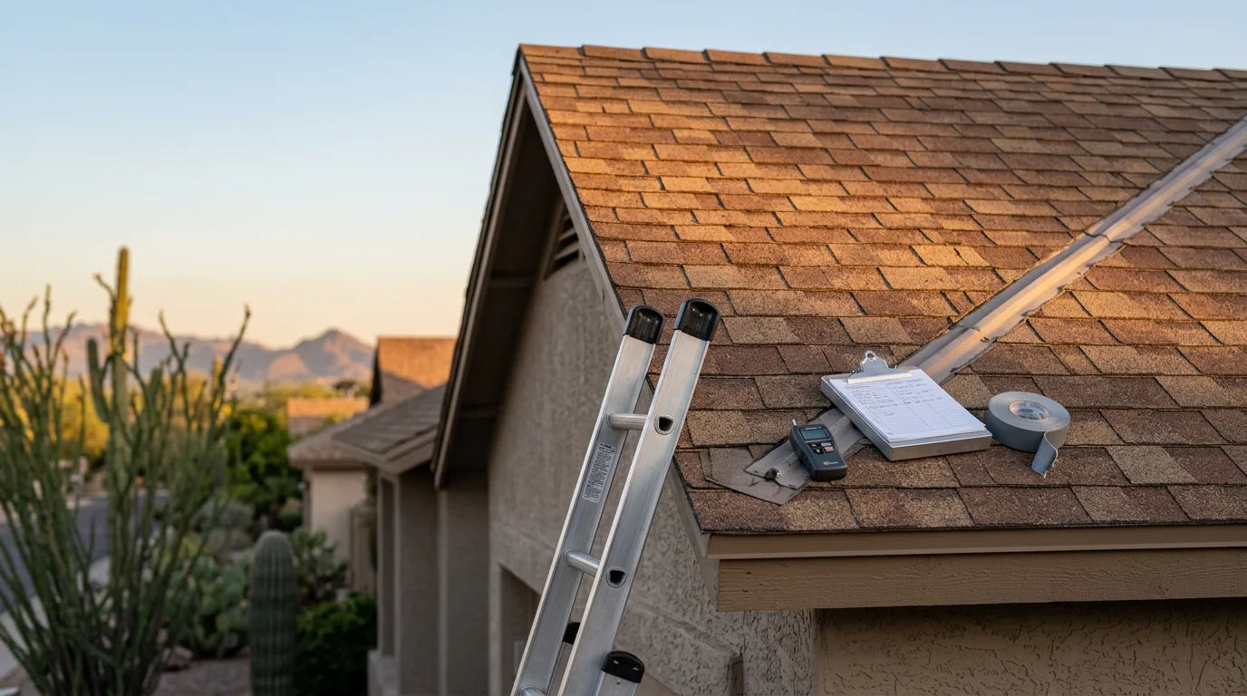 A Paradise Valley residential rooftop showing tile roofing and flashing details inspected and protected against Arizona heat and monsoon weather. Irish Roofing Company crew assessing roof protection points on a desert-climate home.